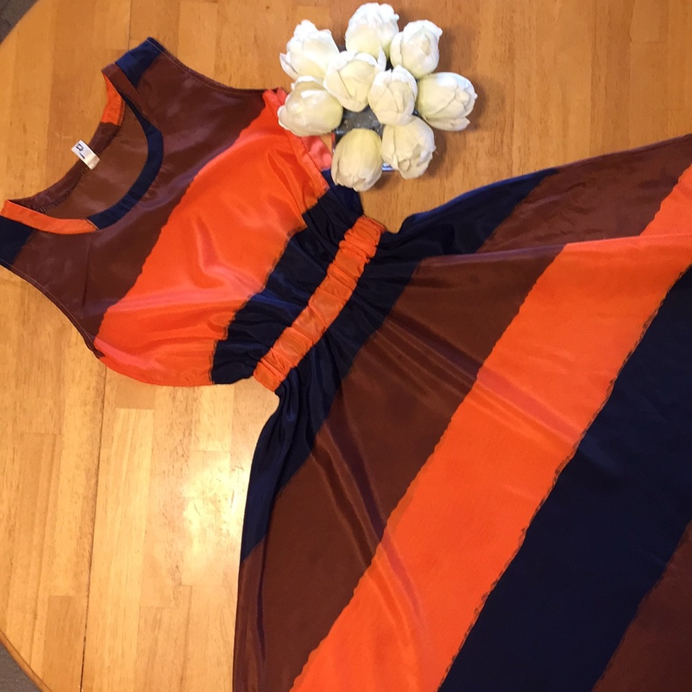Stripped sleeveless orange, brown, navy blue dress